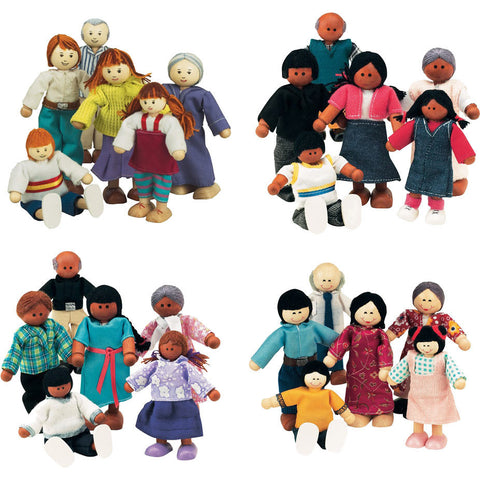 Set of 4 Wooden Doll Families (White, Black, Hispanic, Asian)